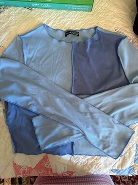 SHEIN Light Blue & Royal Blue Ribbed Colorblock Long Sleeve Top